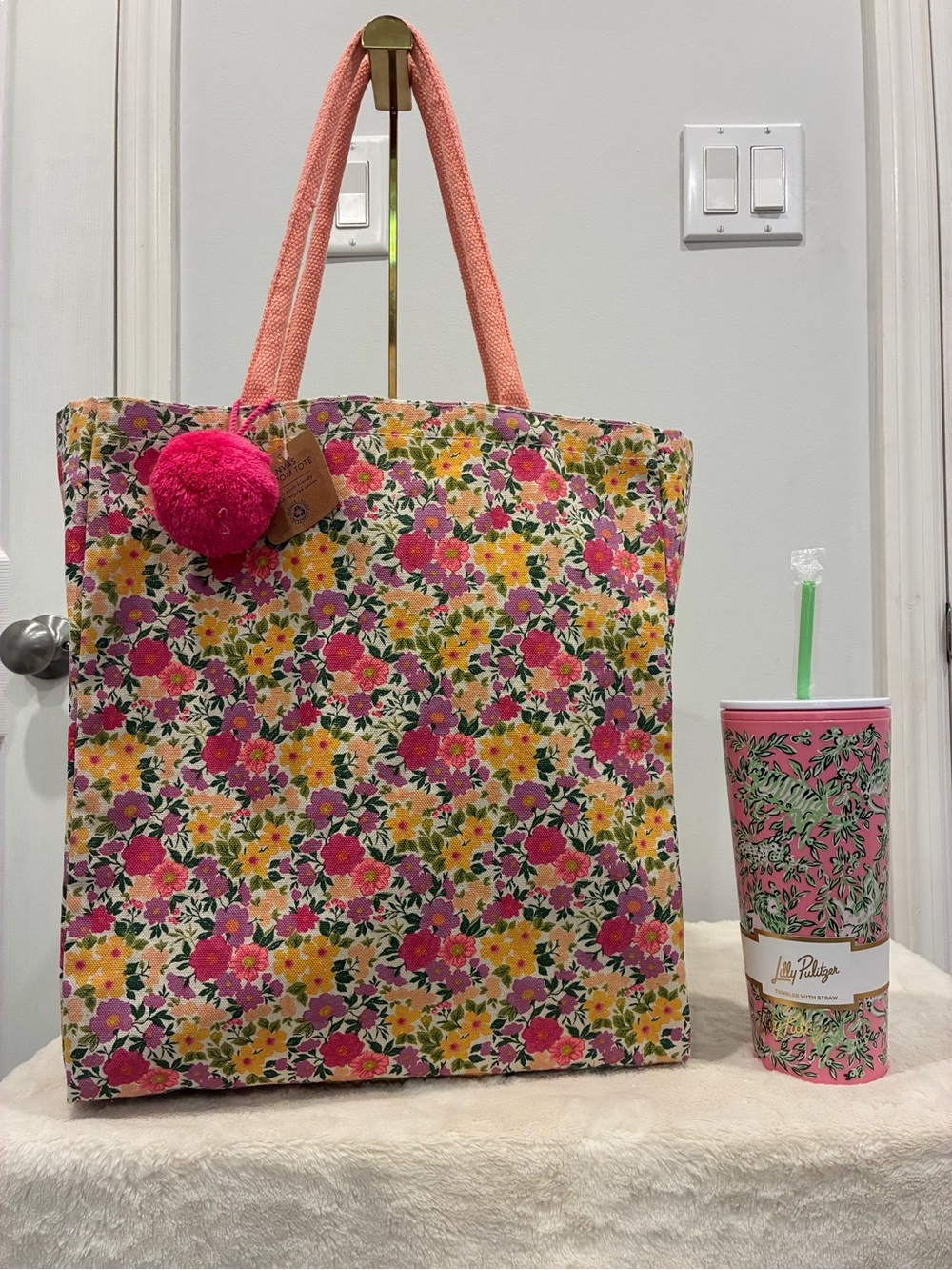 Eccolo Floral Canvas Tote Bag with Pink Pom Pom and Lilly Pulitzer Tumbler